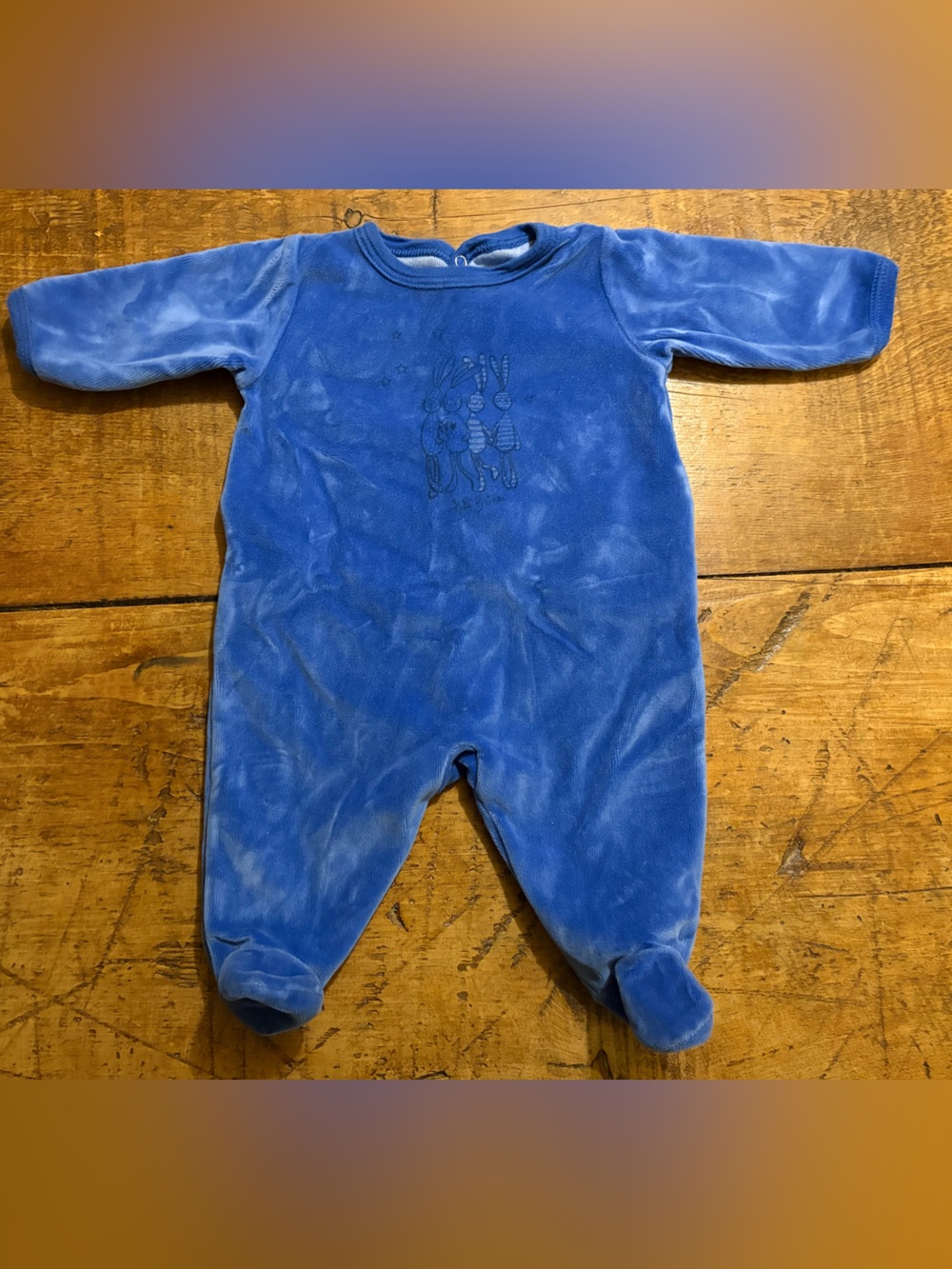 Petit Bateau Blue Velour Footed One-Piece